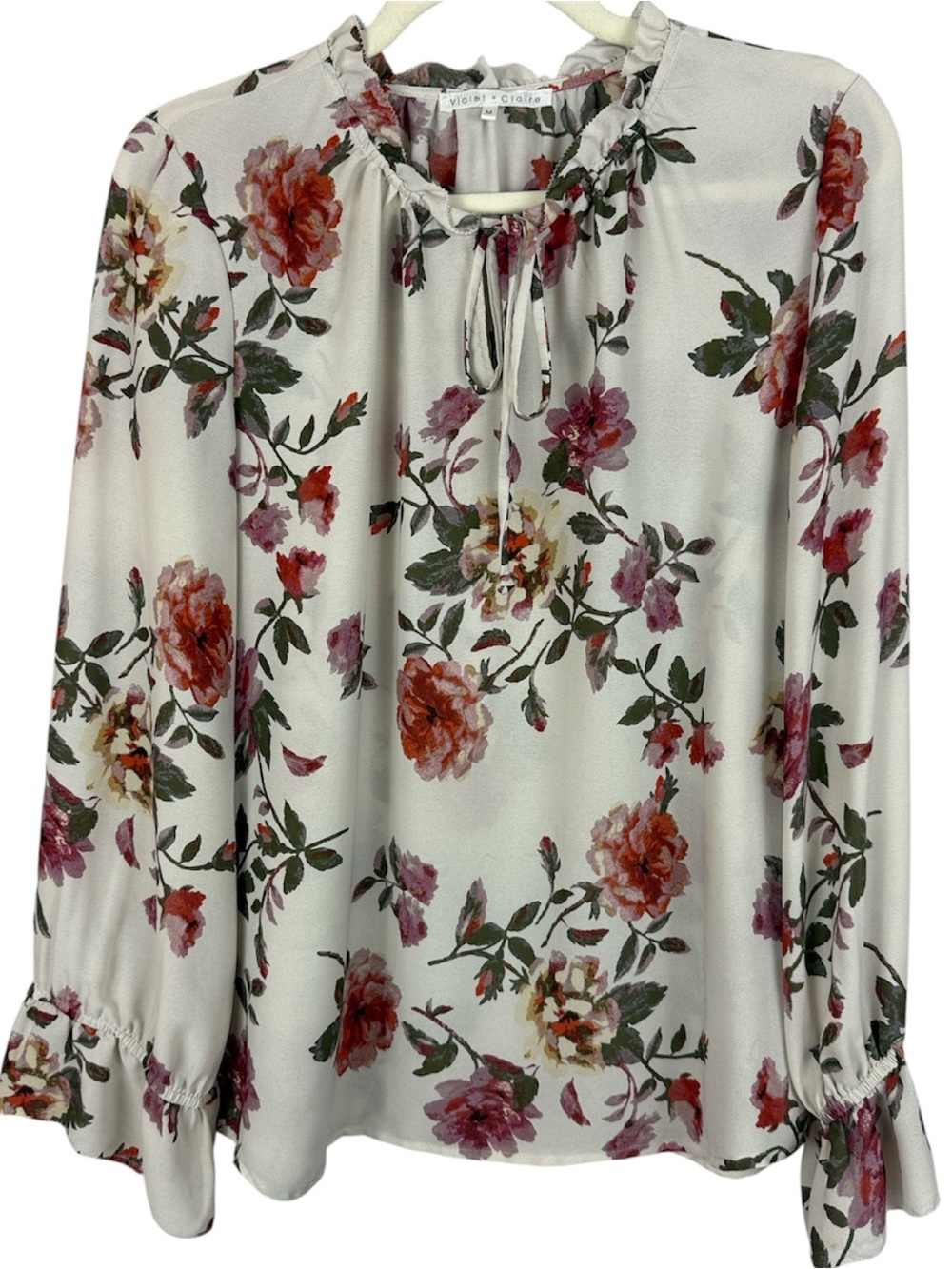 Violet + Claire Floral Long Sleeve Blouse Size M Ivory Red Pink Keyhole Tie